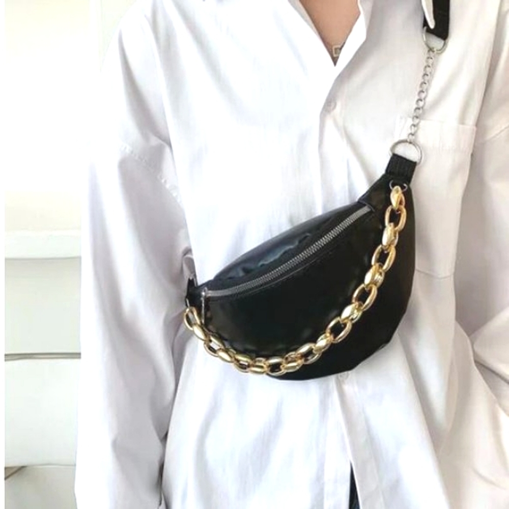 Belt Bag FANNY PACK Crossbody Gold Chain SLEEK CHIC Black Bum Bag Contemporary - Picture 2 of 6